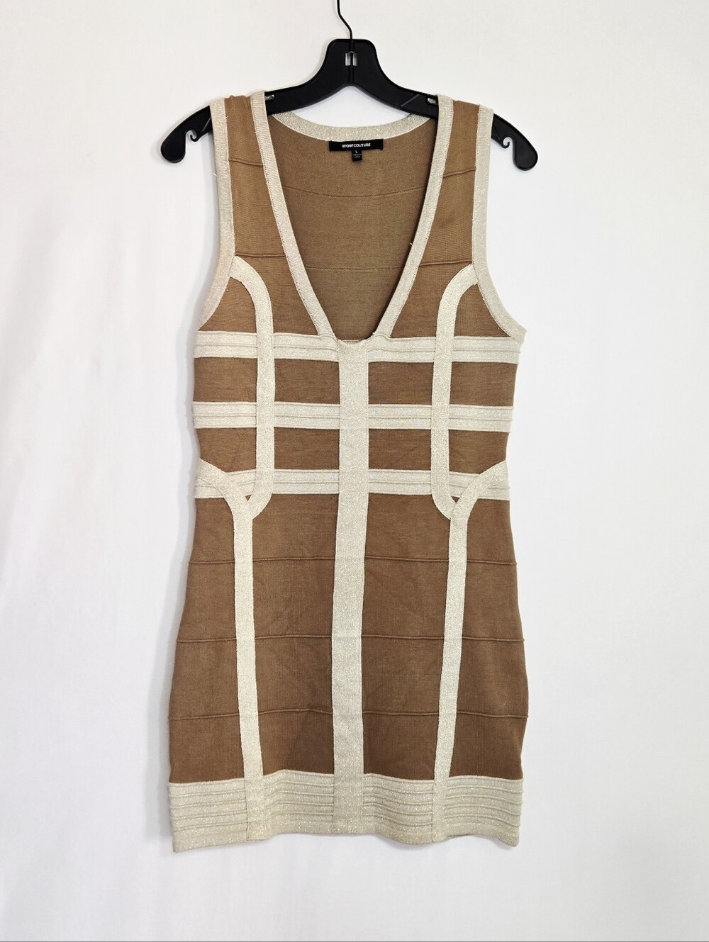 WOW Couture Dress Women’s L Brown Gold Metallic Bandage Bodycon Mini Y2K